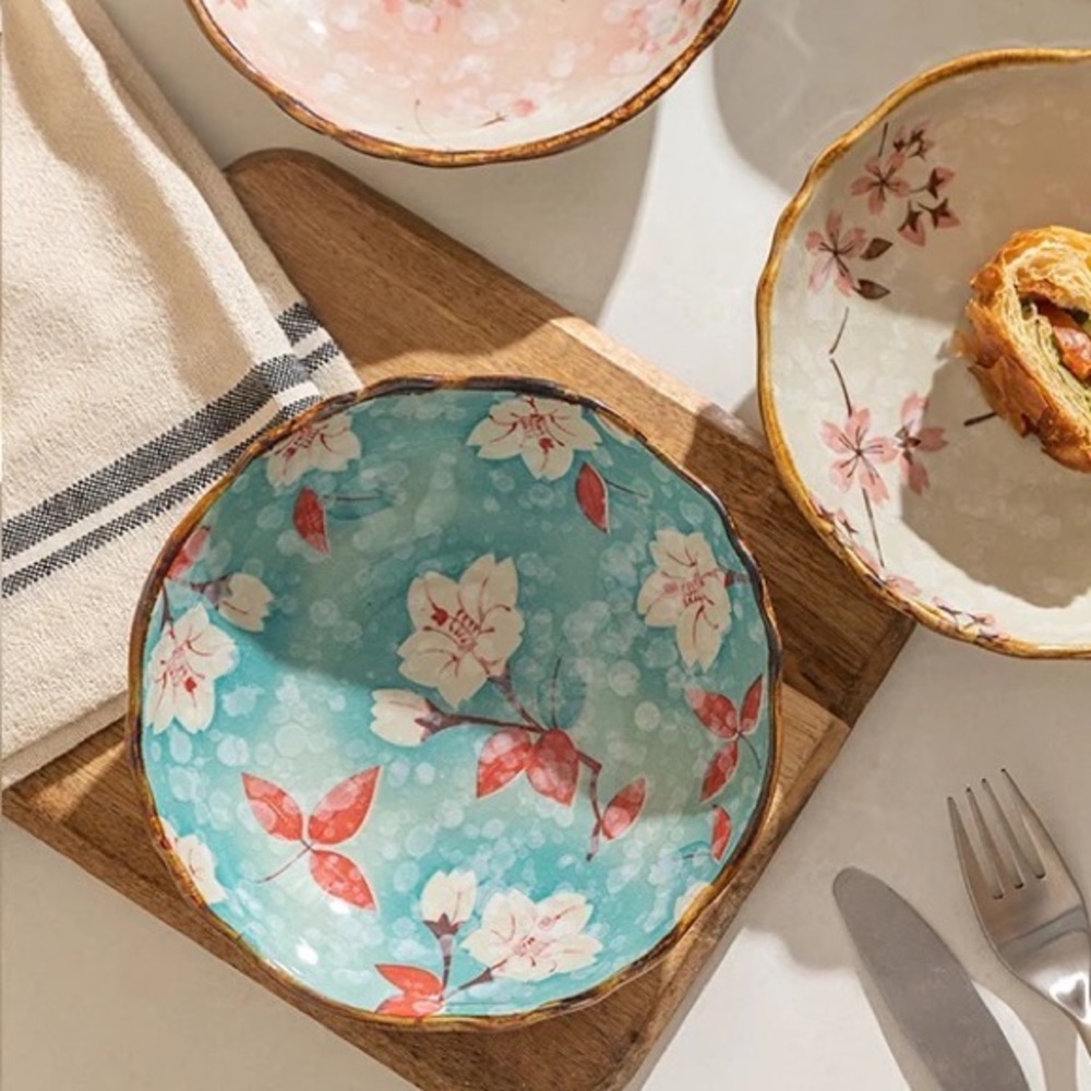 Floral bowl ceramic Flower heat resistant kitchen home dinner sea blue salad 1pc